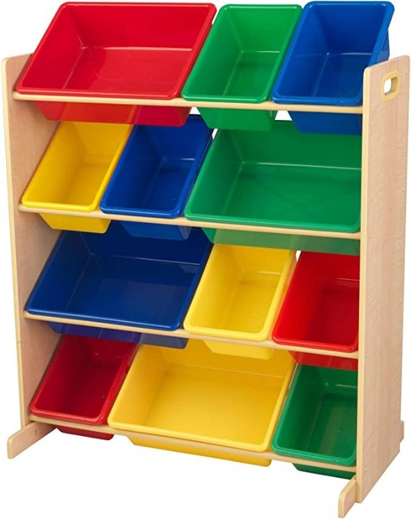 Wooden Sort It & Store It Bin Unit with 12 Plastic Bins - Primary & Natural, Gift for Ages 8 mo+