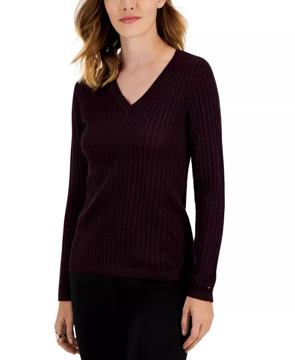 Women's Metallic-Knit Ribbed V-Neck Ivy Sweater