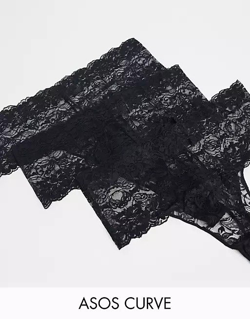 ASOS DESIGN Curve 3-pack wide lace thong in black