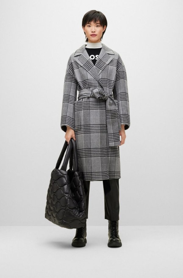 Houndstooth-check formal coat with belted closure