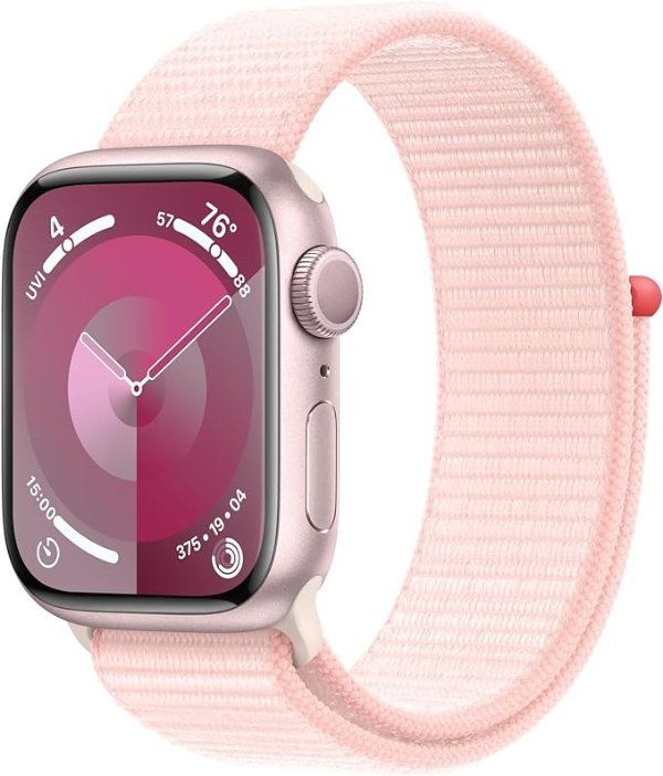 Watch Series 9 [GPS 41mm] Smartwatch with Pink Aluminum Case with Light Pink Sport Loop One Size. Fitness Tracker, ECG Apps, Always-On Retina Display, Carbon Neutral