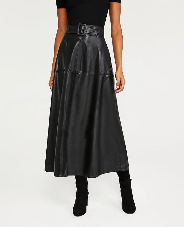 Faux Leather Belted Midi Skirt | Ann Taylor