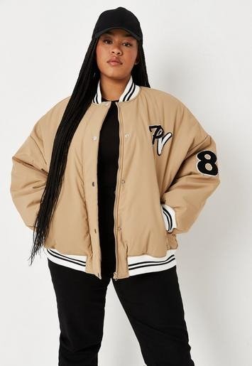 - Plus Size Tan Pennsylvania Applique Varsity Bomber Jacket