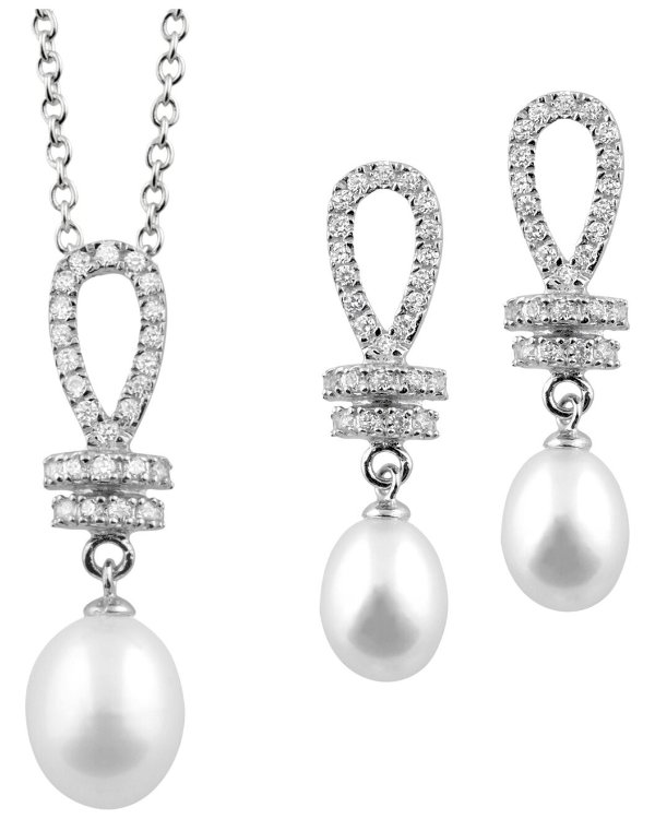 Rhodium Plated 7-9mm Pearl CZ Necklace & Earrings Set