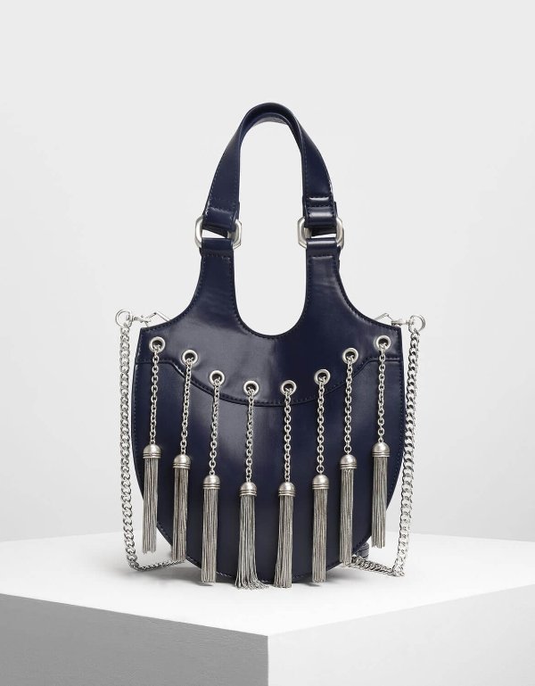 Dark Blue Tassel Detail Hobo Bag | CHARLES & KEITH