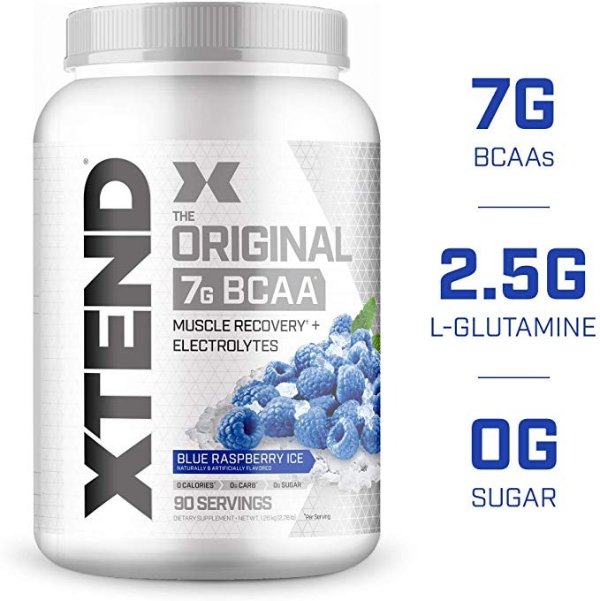 XTEND Original BCAA Powder Blue Raspberry Ice, Sugar Free Post Workout Muscle Recovery Drink with Amino Acids, 7g BCAAs for Men & Women, 90 Servings, 44.48 Oz