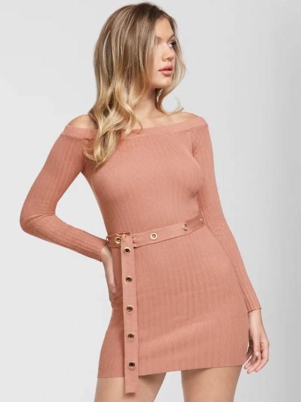 Claudine Belted Off-The-Shoulder Sweater Dress at Guess