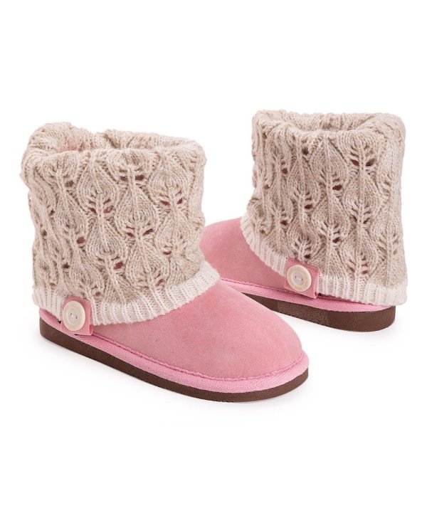 Cream & Pink Leaf-Knit Cuff Patti Boot - Girls