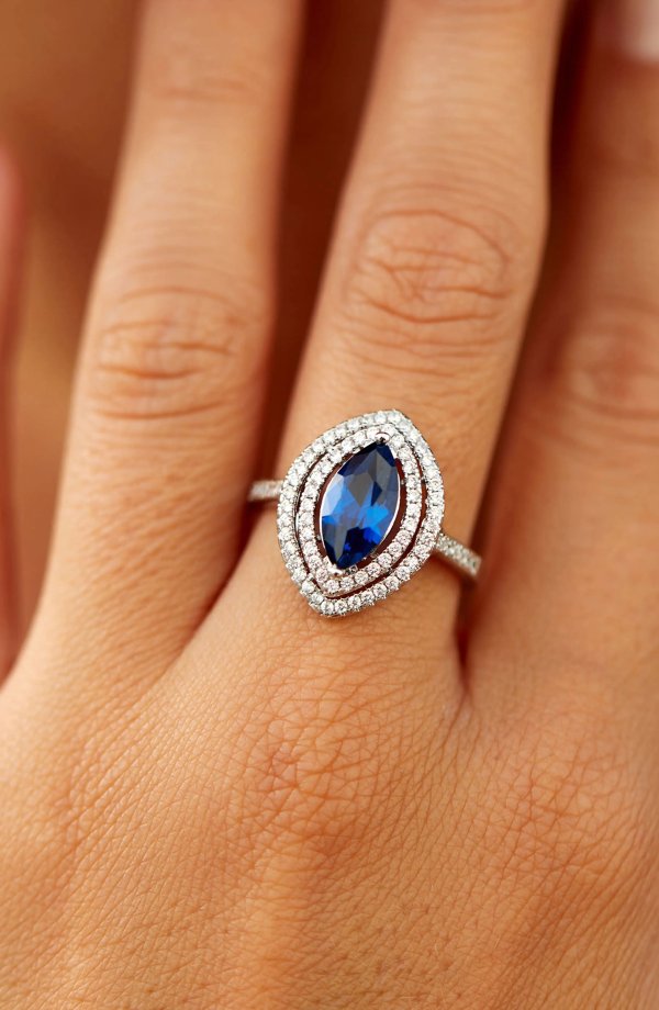 Double CZ Halo Marquise Blue Spinel Ring