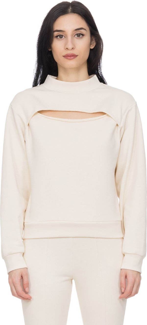- Dry French Terry Slit- Front Long Sleeve Pullover - Ivory