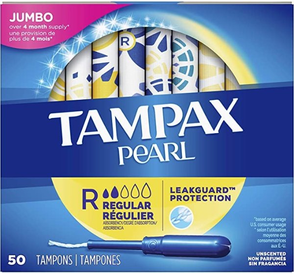 Pearl Tampons Regular Absorbency with LeakGuard Braid, Unscented, 50 Count