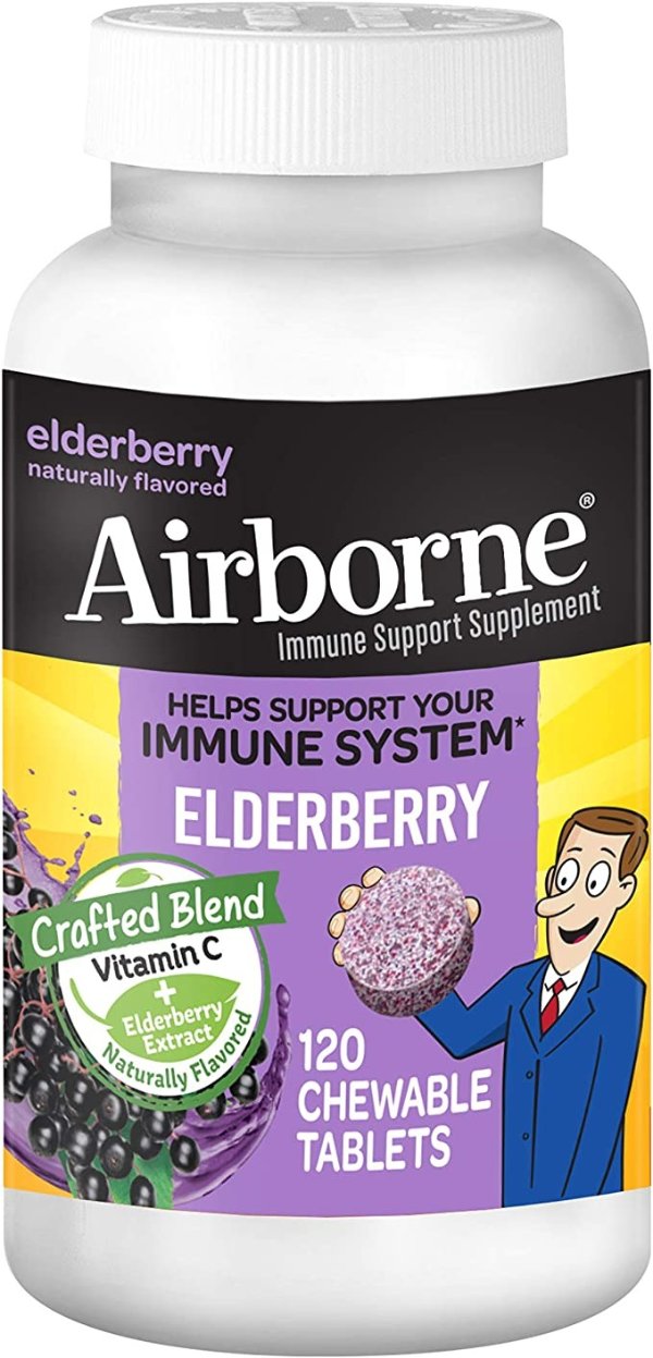 Chewable Tablets - Elderberry Extract + Vitamin C 200mg (Per 2 Tablet Serving) (120 Count in a Bottle), Sugar Free Immune Support Supplement, Non-GMO, Antioxidants, 2 Month Supply