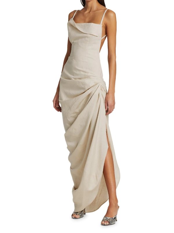La Robe Saudade Linen-Blend Draped Maxi Dress