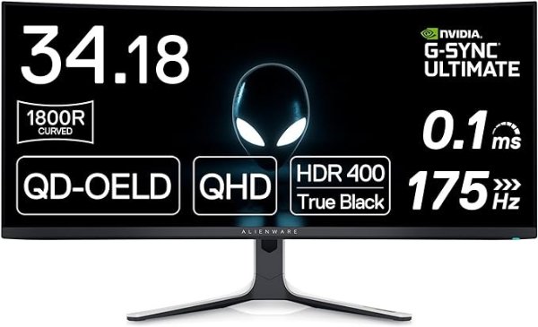 AW3423DW Curved Gaming Monitor 34.18 inch Quantom Dot-OLED 1800R Display, 3440x1440 Pixels at 175Hz, True 0.1ms Gray-to-Gray, 1M:1 Contrast Ratio, 1.07 Billions Colors - Lunar Light