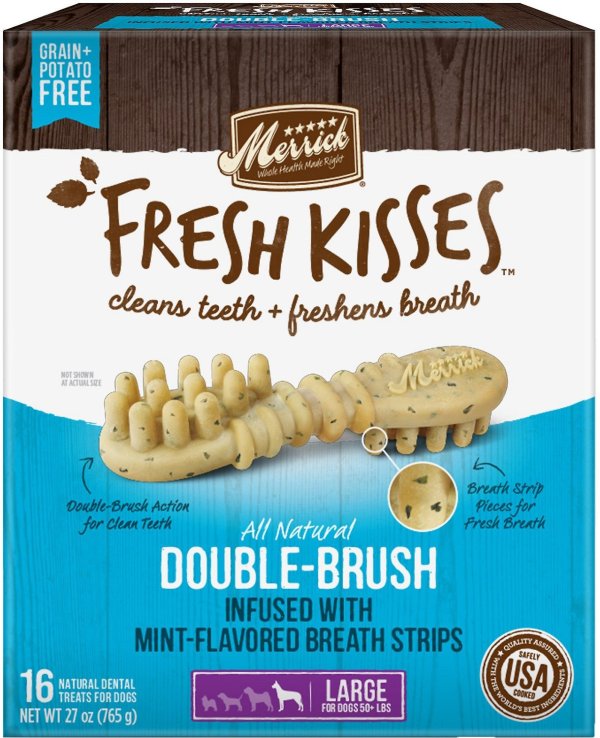 Fresh Kisses Double-Brush Mint Breath Strip Infused Large Dental Dog Treats, 16 count - Chewy.com