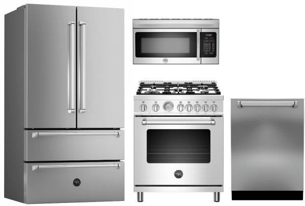 Bertazzoni BEWOCTRERHDW81 4 Piece Kitchen Appliances Package with French Door Refrigerator, Dual Fuel Range, Dishwasher and Over the Range Microwave in Stainless Steel