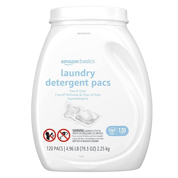 Amazon Basics Laundry Detergent Pacs, Free & Clear, Hypoallergenic, Free of Perfumes Clear of Dyes, 120 Count (Previously Solimo)