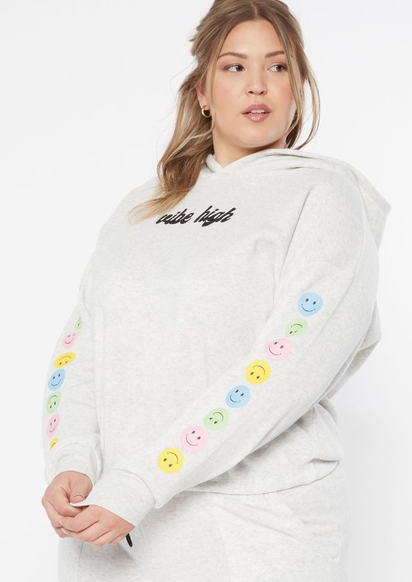 Plus Gray Drawstring Waist Vibe High Smiley Face Graphic Hoodie