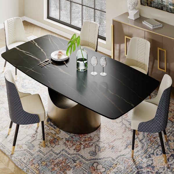 Hobart Modern Dining Table with Rectangular Sintered Stone Tabletop, Carbon Steel, for Kitchen and Dining Room