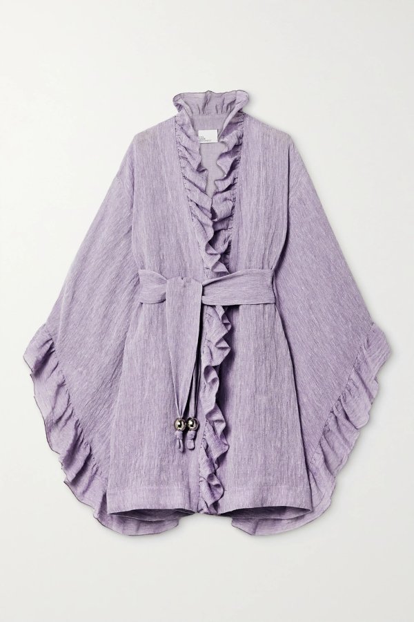 Anita belted ruffled organic linen-blend gauze robe