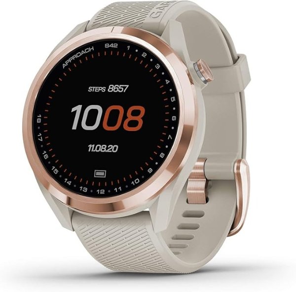 Approach S42, GPS Golf Smartwatch, Lightweight with 1.2" Touchscreen, 42k+ Preloaded Courses, Rose Gold Ceramic Bezel and Tan Silicone Band, 010-02572-12