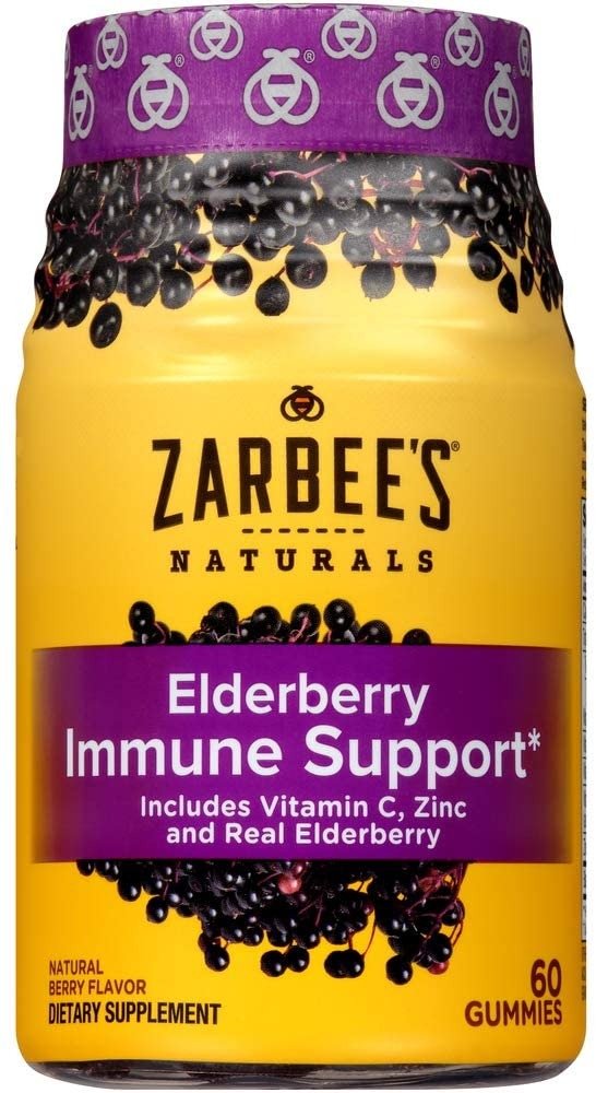 Roll over image to zoom in              Zarbee's Naturals Elderberry Immune Support* with Vitamin C & Zinc, Natural Berry Flavor, 60 Gummies