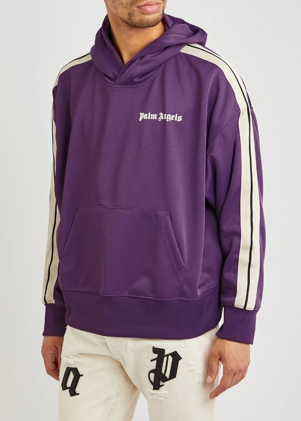 Purple hooded jersey track sweatshirt