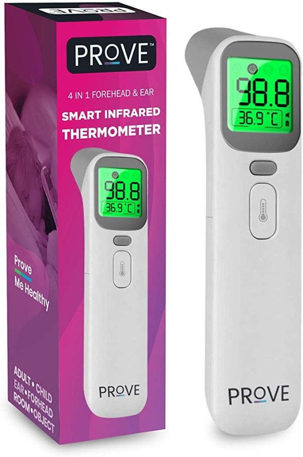 Prove Multifunction Infrared Thermometer | 4-in-1 Infrared Thermometer for Kids and Adults | Adult Forehead Mode, Child Forehead Mode, Ear Mode, and Object/Room Mode | Color Changing Fever Indicator