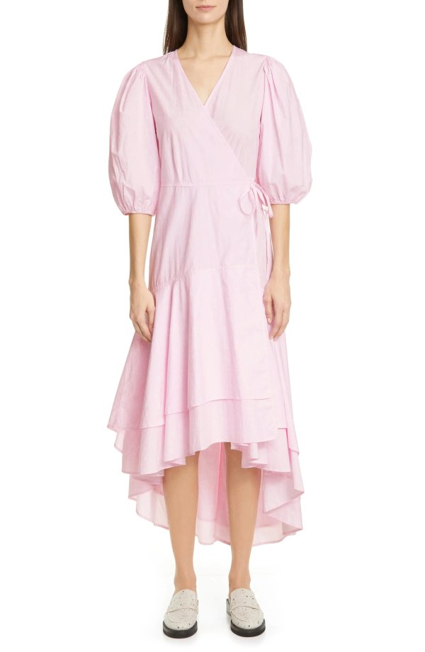 Puff Sleeve Organic Cotton High/Low Wrap Dress