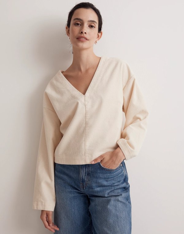Waffle-Knit Relaxed V-Neck Top