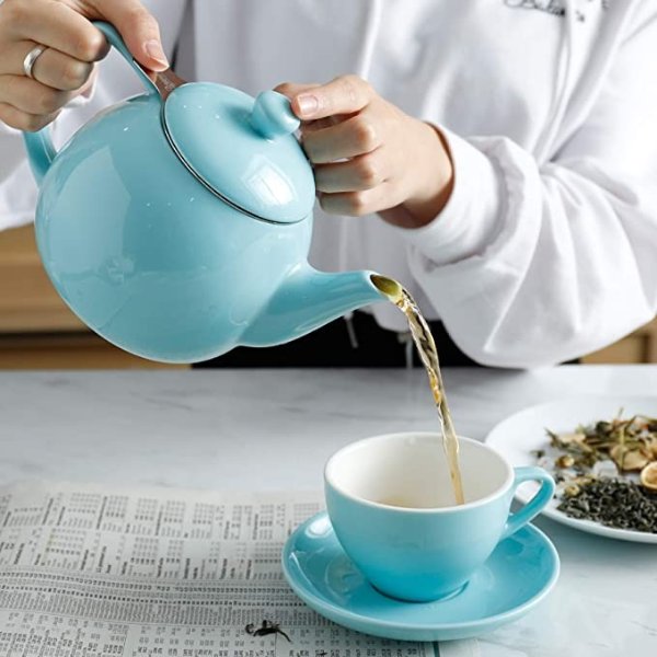 221.102 Teapot, Porcelain Tea Pot with Stainless Steel Infuser, Blooming & Loose Leaf Teapot - 27 ounce, Turquoise