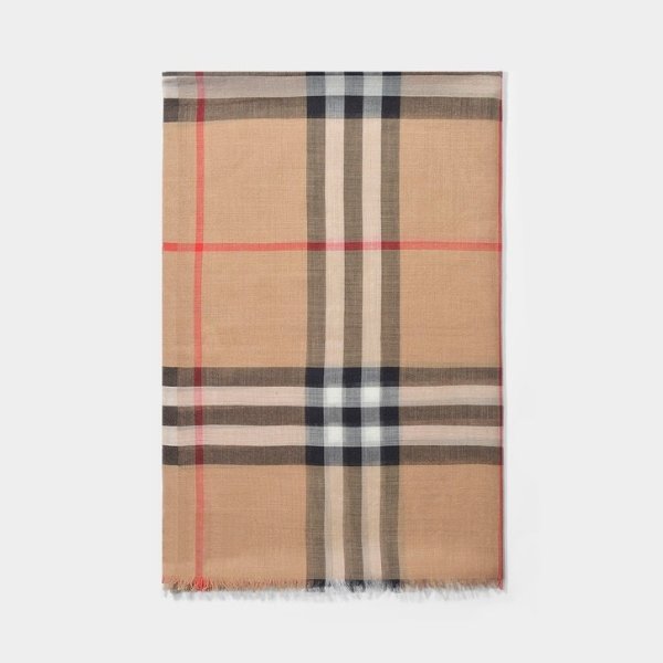 Giant Check Gauze Scarf in Camel Wool and Mulberry Silk