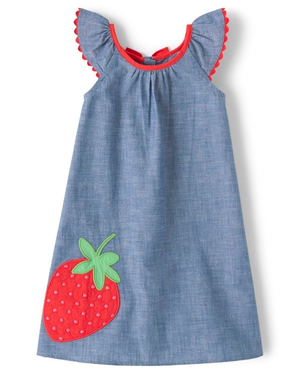 Girls Short Sleeve Embroidered Eyelet Strawberry Chambray Shift Dress