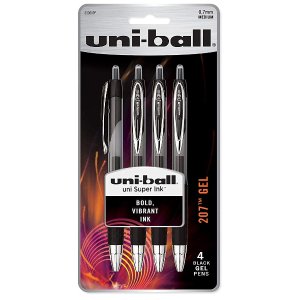 uni-ball 207 Retractable Gel Pens, Medium Point (0.7mm), Black, 4 Count