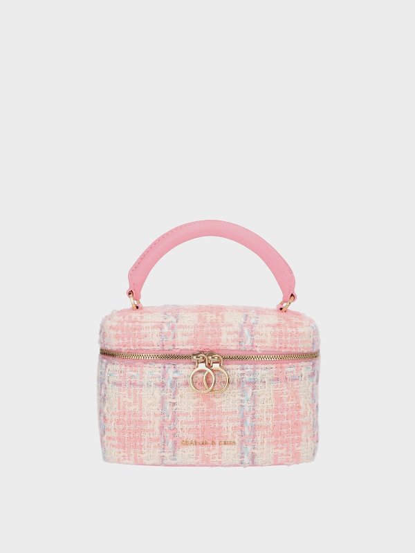 Pink Tweed Two-Way Zip Mini Bag | CHARLES & KEITH