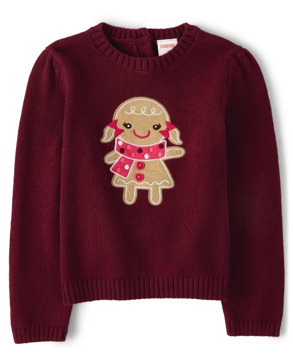 Girls Long Sleeve Applique Gingerbread Sweater - Winter Wonderland