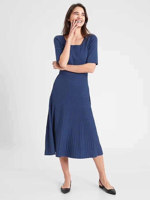Pleated Fit-and-Flare Sweater Dress