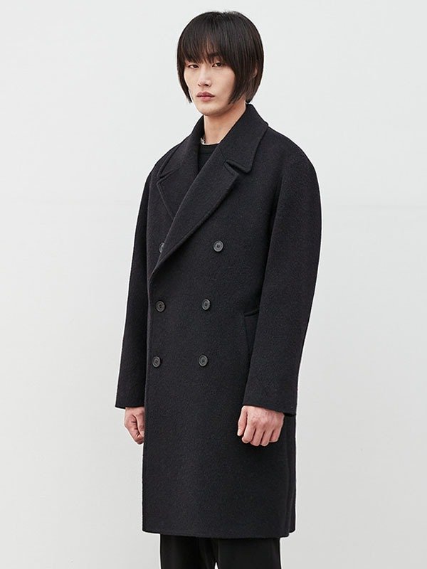 Wool Blend Double Breasted Long Coat Black