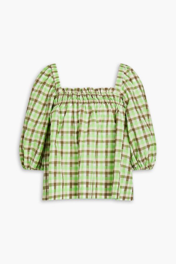 Gathered checked organic cotton-blend blouse