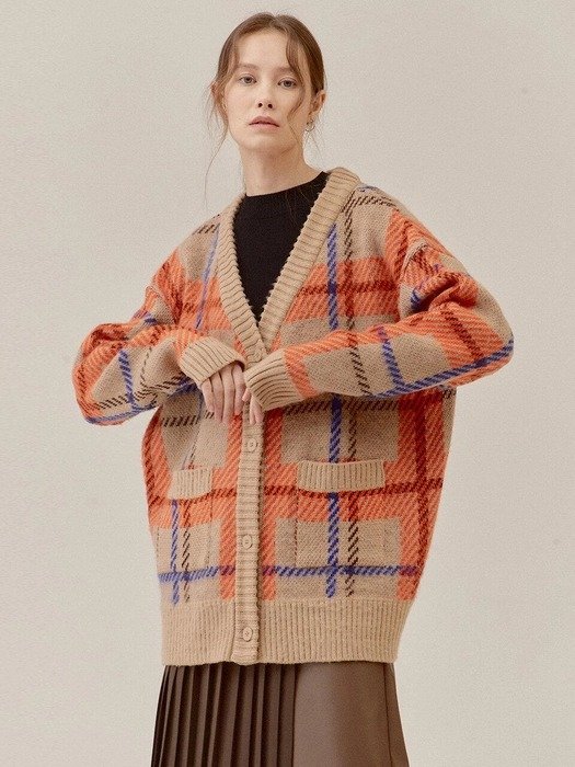 JACQUARD CHECKED KNIT CARDIGAN_Beige