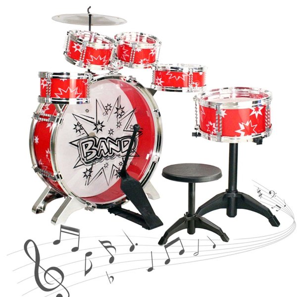 11 Pieces Of Kids Drum Set Musical Instrument Toy Toy Set Kids Starter Drum Set w/ Bass Drum, Tom Drums, Snare, Cymbal, Stool, Drumsticks - Red