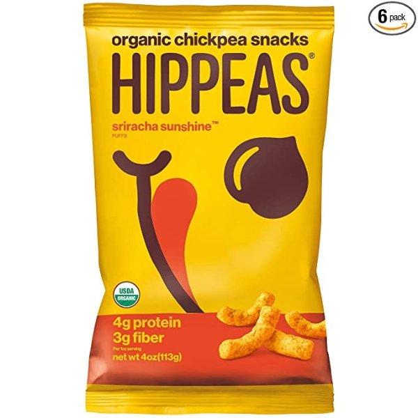 HIPPEAS organic chickpea snacks puffs + Sriracha Sunshine | 4 ounce, 6 count | Vegan, Gluten-Free, Crunchy, Protein Snacks