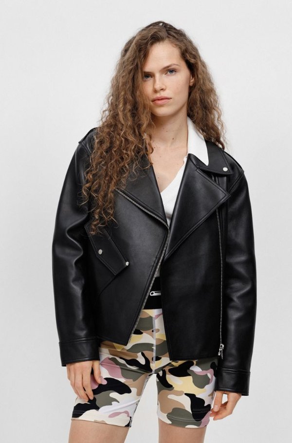 Biker jacket in bonded leather with asymmetric pocket
