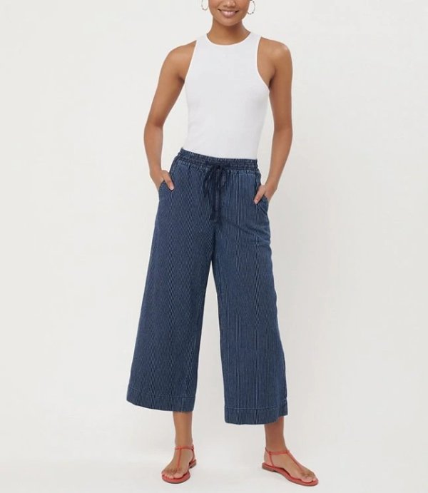 Wide Leg Crop Pull On Jeans in Railroad Stripe | LOFT
