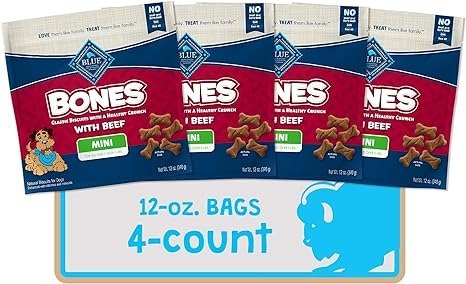 Bones Natural Crunchy Dog Treats, Mini Dog Biscuits, Beef 12-oz bag,(Pack of 4)