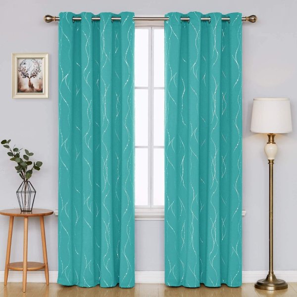 Deconovo Grommet Top Blackout Curtains Wave Line with Dots Foil Printed Light Blocking Window Draperies for Sliding Glass Door 52 x 84 Inch Turquoise 2 Panels