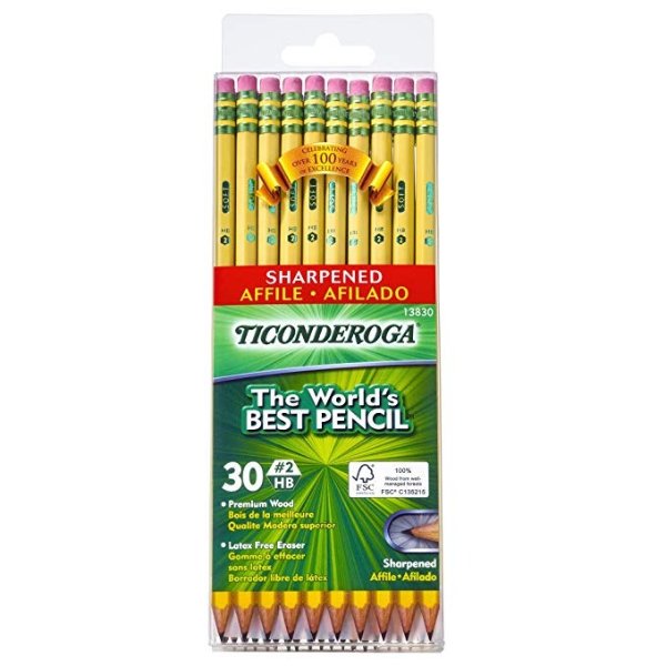 Ticonderoga Wood-Cased Graphite Pencils, #2 HB Soft, Pre-Sharpened, Yellow, 30 Count @ Amazon.com