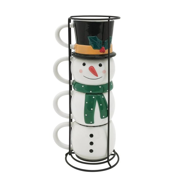 Snowman Stackable Stoneware Mug with Metal Rack Set , Mulit color