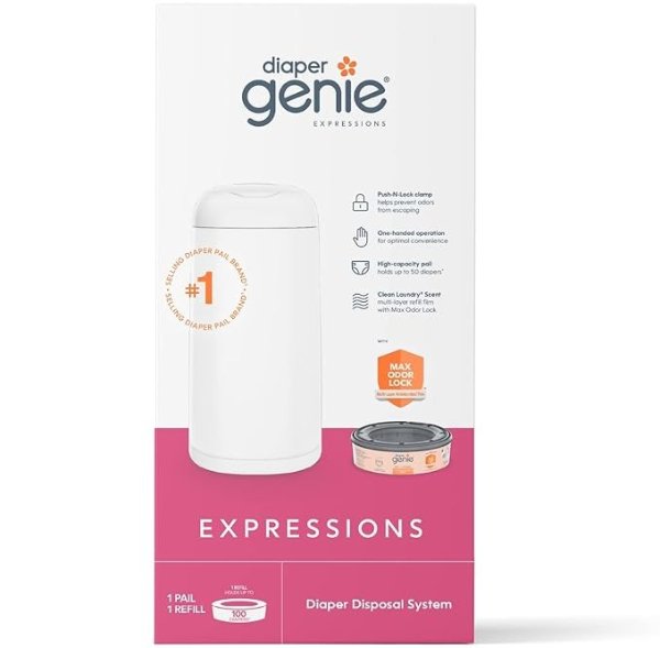 Expressions Pail | Odor-Controlling Baby Diaper Disposal System | Includes Diaper Pail and 1 Starter Refill Bag