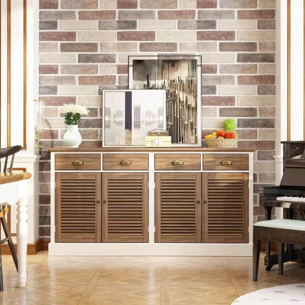 Brown and White Wood 63 in. W Sideboard Cupboard Country Style with Drawers, Shuttered Doors, Adjustable Shelves